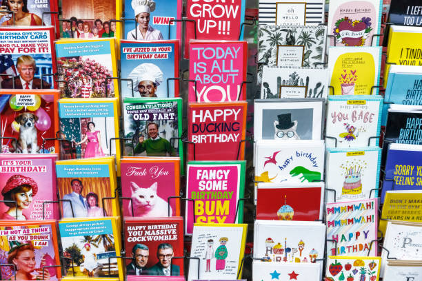 Quirky birthday cards on display at Camden Market London, UK - 11 March, 2018 - Quirky birthday cards on display at Camden Market camden lock stock pictures, royalty-free photos & images