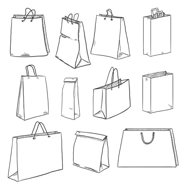 vektor-set skizze einkaufstüten - shopping bag paper bag retail drawing stock-grafiken, -clipart, -cartoons und -symbole