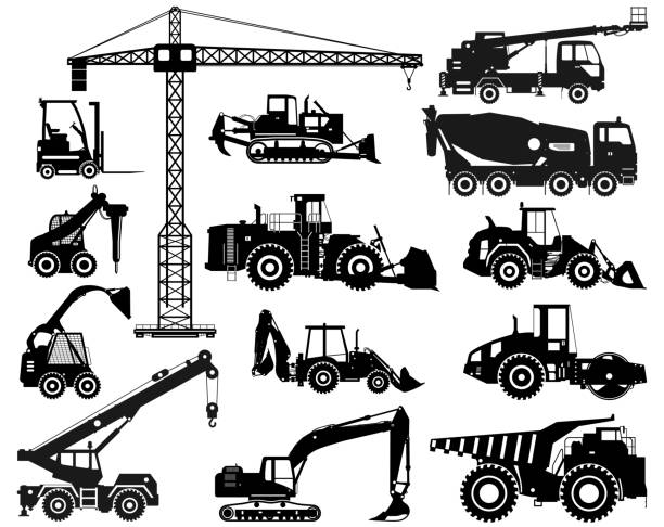 Set of black silhouettes heavy construction and mining machines in flat style on the white background. Building machinery. Special equipment. Vector illustration Silhouette illustration of heavy construction equipment and mining machinery. Building machinery. Special equipment. Vector illustration concrete silhouettes stock illustrations
