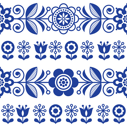 Retro navy blue background with flowers inspired by Swedish and Norwegian traditional embroidery
