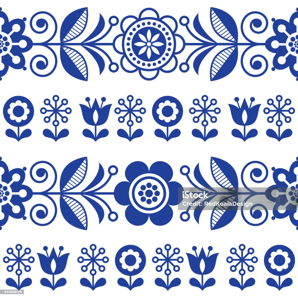 Folk art seamless vector pattern with flowers, navy blue floral repetitive design - Scandinavian style Retro navy blue background with flowers inspired by Swedish and Norwegian traditional embroidery Pattern stock vector