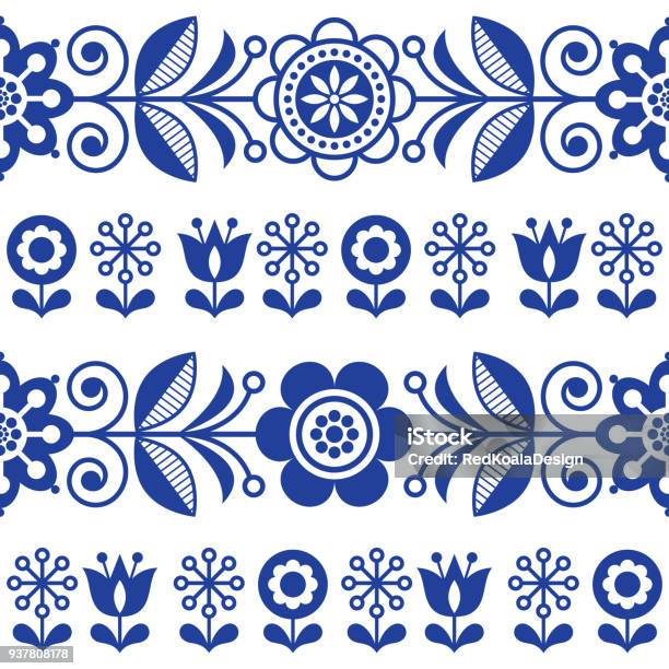 Folk Art Seamless Vector Pattern With Flowers Navy Blue Floral Repetitive Design Scandinavian Style Stock Illustration - Download Image Now
