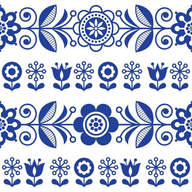 Vector illustration of Folk art seamless vector pattern with flowers, navy blue floral repetitive design - Scandinavian style