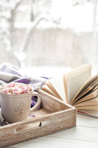 istock Coffee cup, open book, marshmallow and warm plaid on a window sill in winter. Cozy home breakfast 937808622