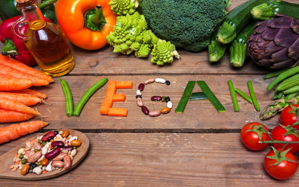 istock vegan word on wood background and vegetable 937809014