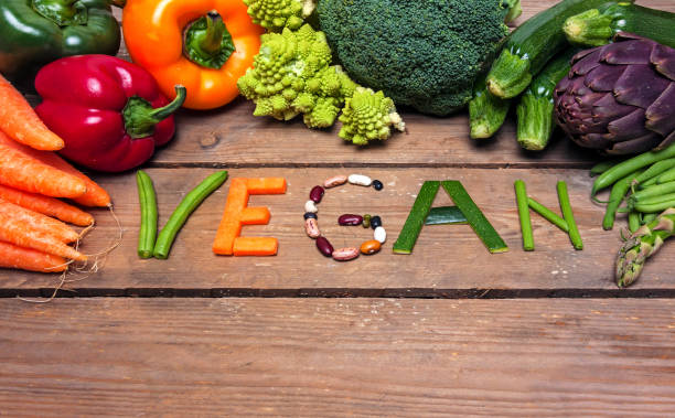 istock vegan word on wood background and vegetable 937809024