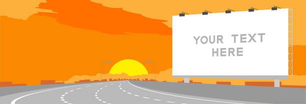 ilustraciones, imágenes clip art, dibujos animados e iconos de stock de anuncio gran cartelera señalización carretera o autopista doble de surise, ilustración de atardecer sobre fondo de cielo naranja, con espacio de copia - autopista de la información