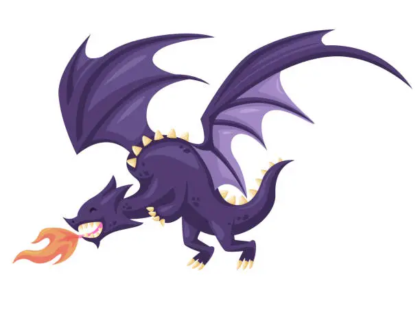 Vector illustration of Cute Happy Flying Purple Dragon Illustration