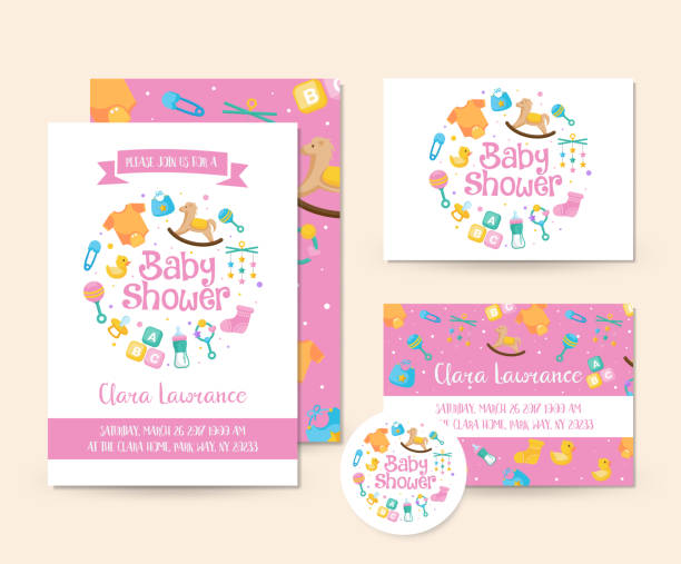 Cute Toy Theme Baby Shower Invitation Card Illustration Template Cute Baby Shower Invitation Card Illustration Template, suitable for print, brochure, flyer, banner, and other baby shower party related occasion. baby boy newborn backgrounds stock illustrations