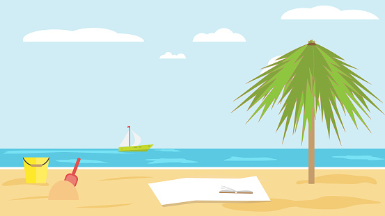 Landscape of sea of sandy tropical beach with palm tree on clear summer day. children's bucket and shovel in the sand. blanket and a book on sand of beach. Vector flat. Beach seascape. Rest on sea