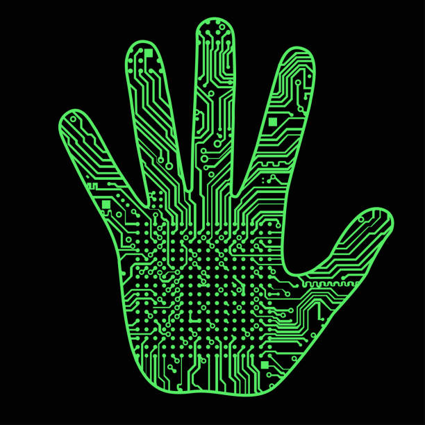 ilustrações de stock, clip art, desenhos animados e ícones de silhouette of a man hand with a high-tech computer circuit board pattern it can illustrate scientific ideas related to artificial intelligence, artificial neural networks, development of technology - synapse computer chip communication abstract