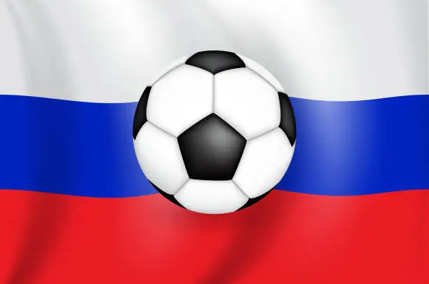 Vector illustration of Realistic 3D drawing flag (white-blue-red) of the Russian Federation (Russia) with a football of black and white color. Vector Illustration