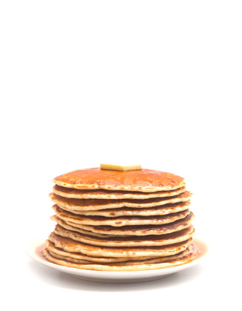 una pila de panqueques de suero de leche dulce con mantequilla y almíbar sobre un fondo blanco - pancake buttermilk buttermilk pancakes equipment fotografías e imágenes de stock