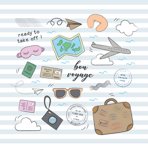 flugzeug doodle reiseset - doodle map drawing sunglasses stock-grafiken, -clipart, -cartoons und -symbole