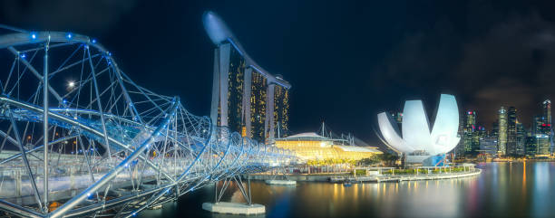 Singapore - May 05, 2015: Night view of Helix Bridge, Marina Bay Sands and ArtScience Museum at city light