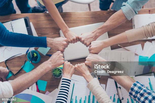 Close Up Cropped Photo Of Partners Putting Their Fists Together In A Circle On Top Of The Table With Work Stuff Trust Friendship Unity Cooperation Concept Stock Photo - Download Image Now