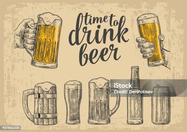 Two Hands Holding Beer Glasses Mug Glass Can Bottle Vintage Vector Engraving Illustration For Web Poster Invitation To Beer Party Hand Drawn Design Element Isolated On Beige Background Stock Illustration - Download Image Now