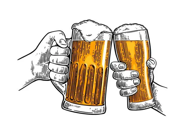 Vector illustration of Two hands holding and clinking with two beer glasses mug