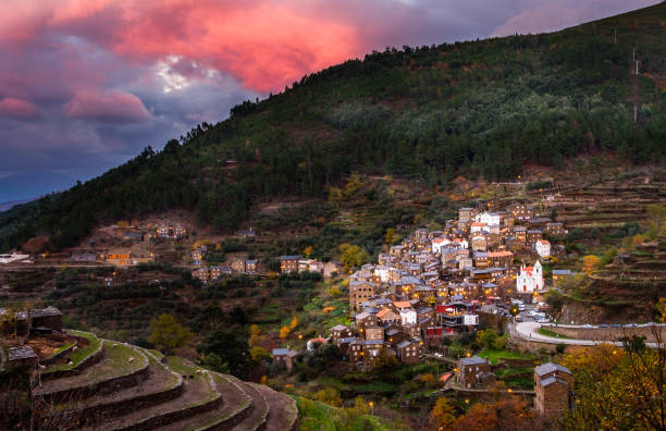 Historic village of Piodao Arganil, portugal - December 1, 2017: Sunset, Historic village of Piodao, Serra do Acor, Arganil Portugal shale stock pictures, royalty-free photos & images