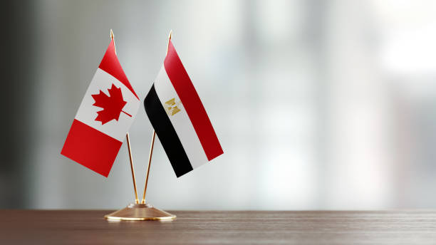 istock Canadian And Egyptian Flag Pair On A Desk Over Defocused Background 937871070