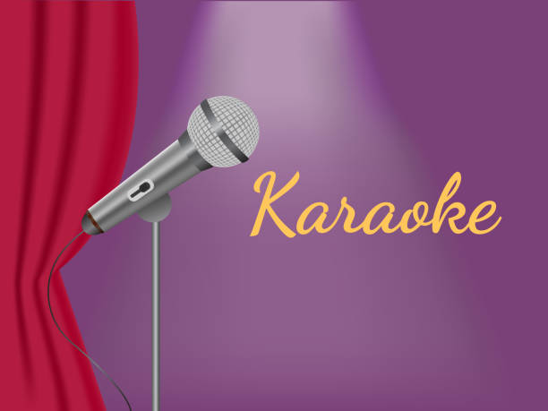 vektor-illustration eines konzepts von karaoke, konzert oder festival. mikrofon auf der bühne und vorhang geöffnet. - jazz backgrounds backdrop image stock-grafiken, -clipart, -cartoons und -symbole