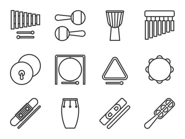 Set of isolated line icon. Percussion musical instrument. Black outline collection. Xylophone, maracas, djembe, chimes, cymbals, gong, triangle, tambourine, guiro, conga, claves, jingle, sistrum. Set of isolated line icon. Percussion musical instrument. Black outline collection. Xylophone, maracas, djembe, chimes, cymbals, gong, triangle tambourine guiro conga claves jingle sistrum guiro stock illustrations