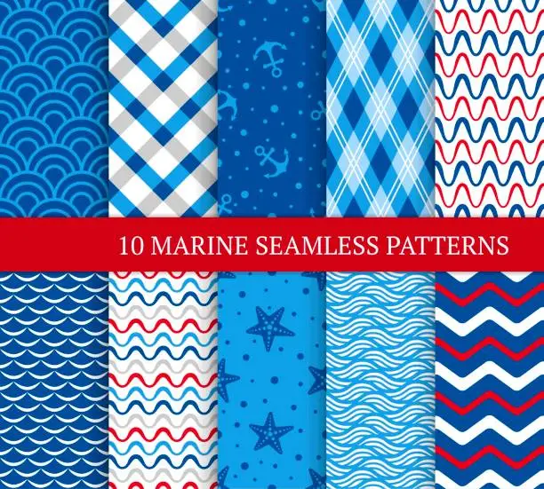 Vector illustration of Ten marine different seamless patterns. Vector illustration for nautical design. Endless texture can be used for fills, web page background, surface. Set of sea  backdrop with waves, stars, anchors