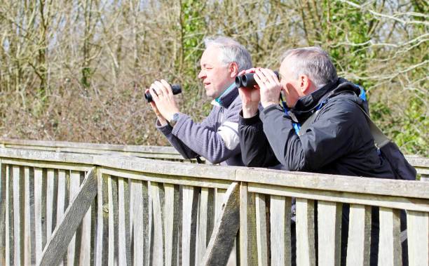istock Two men resting on fence observing birds with binoculars. 937885256