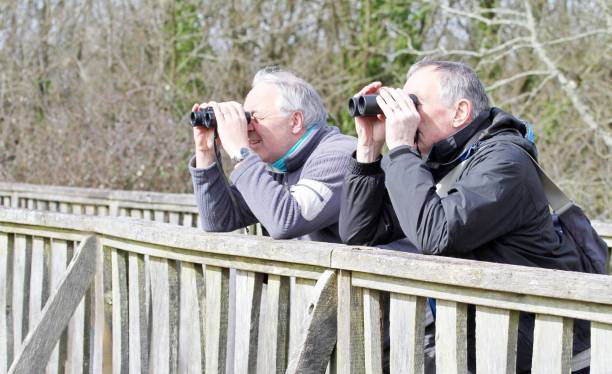 istock Two men resting on fence observing birds with binoculars. 937885284