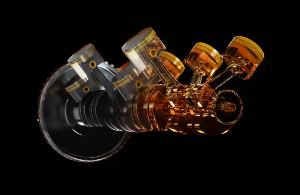 3d illustration of engine. Motor parts as crankshaft, pistons in motion