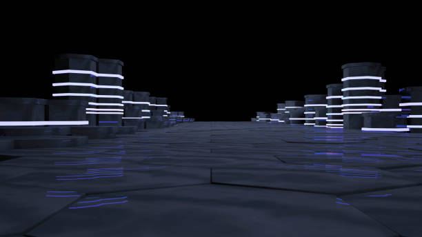 istock Futuristic concept of server room in datacenter. Big data storage, server racks with neon lights on black background. Technology and connection concept. Abstract 3d rendering illustration. 937899414
