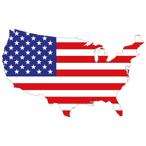 ilustraciones, imágenes clip art, dibujos animados e iconos de stock de mapa de la silueta de los estados unidos de américa - mapa de los estados unidos y la bandera estadounidense