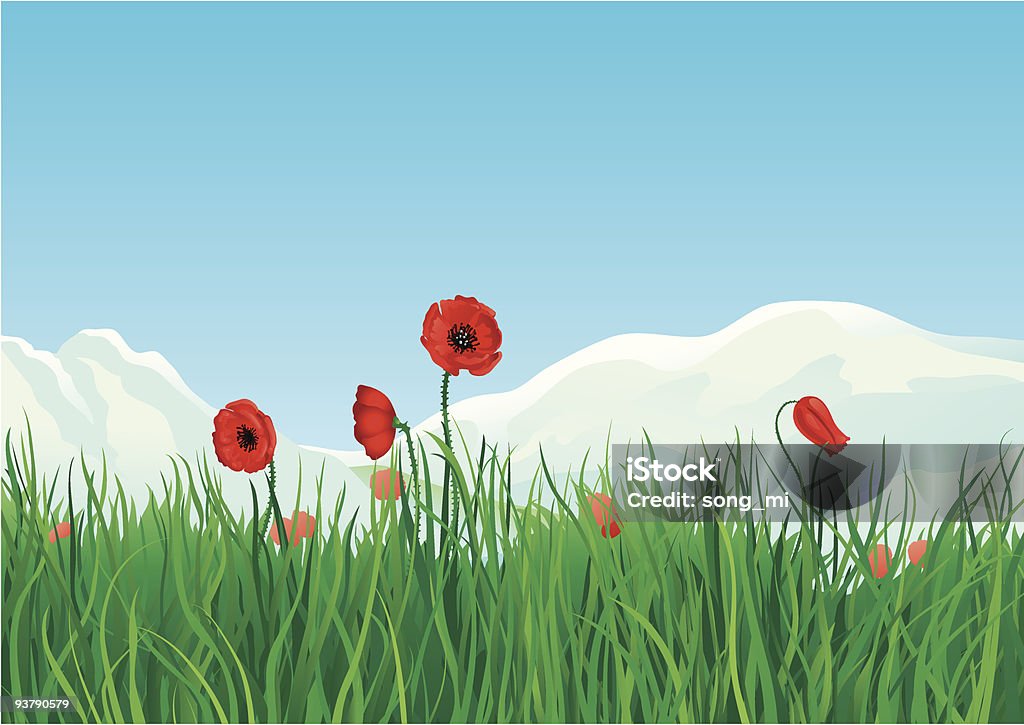 spring at mountains Red spring poppies and green grass on background with mountains. Agricultural Field stock vector