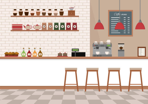 illustrazioni stock, clip art, cartoni animati e icone di tendenza di interno vuoto del caffè. caffetteria con bancone bianco, scaffali e attrezzature. - muffin coffee cartoon cake