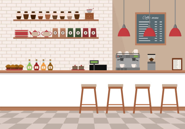 Empty cafe interior. Coffee shop with white bar counter, shelves and equipments. Empty cafe interior. Coffee shop with white bar counter, shelves and equipments. Flat design vector illustration. cafe bar counter stock illustrations