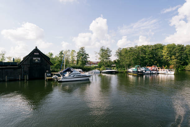 Schwerin, Germany - Sept 10, 2017: Motorboats are parking at the front of a boat house in Schwerin, Germany.
