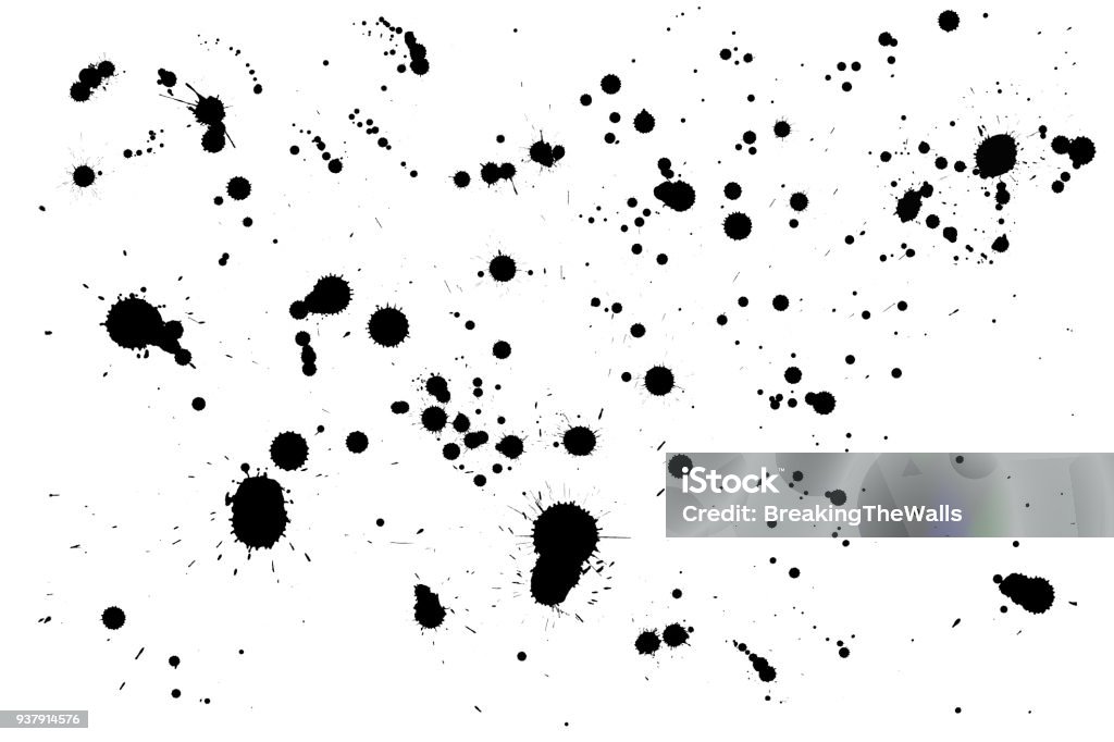Ink drop splats isolated on white background Close up many black paint or ink drop splat stains isolated on white background Ink Stock Photo