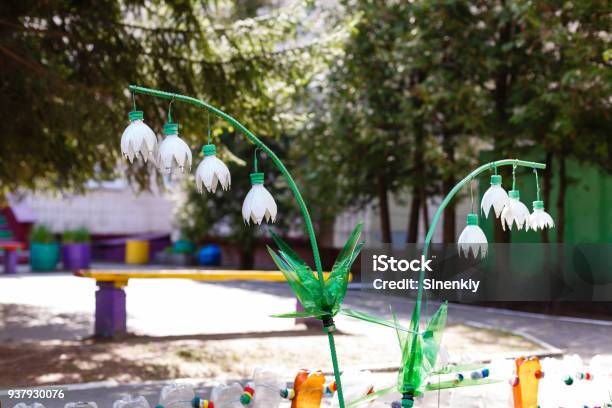 Flower Lily Of The Valley Made Of White Plastic Bottles In The Garden Decor Of Plastic Bottles Stock Photo - Download Image Now