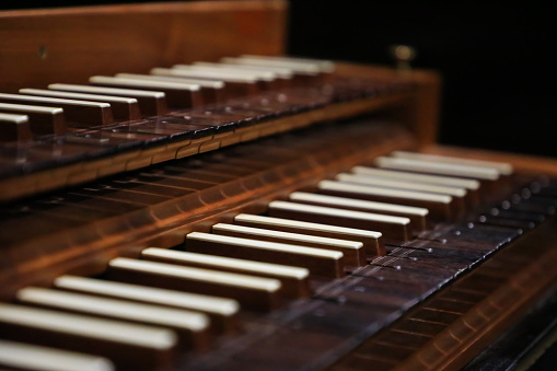 Dual keyboard manuals of a harpsichord.