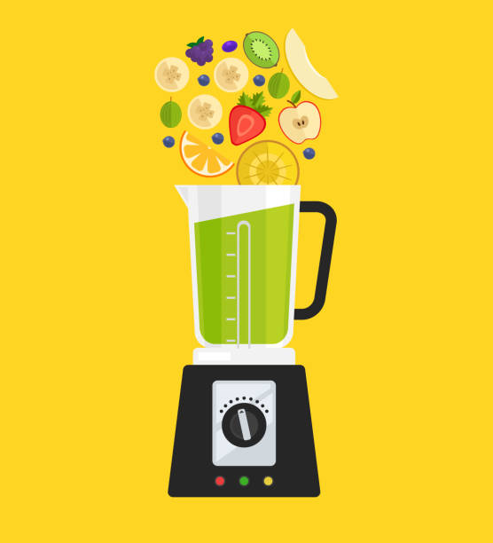 ilustrações, clipart, desenhos animados e ícones de liquidificador elétrico misturador máquina fazendo desintoxicação dieta suco com frutas maçã banana kiwi groselha morango melão e abacaxi. conceito de nutrição de pequeno-almoço de manhã saudável - blender