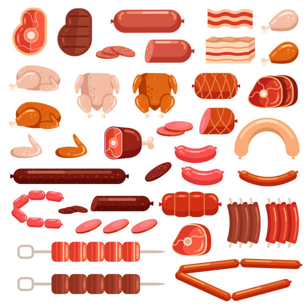 ilustrações de stock, clip art, desenhos animados e ícones de fresh and cooked chicken pork and cow beef meat cut sliced sausage supermarket assortment product elements collection isolated icon. gastronomy grocery bacon steak leg concept - carne