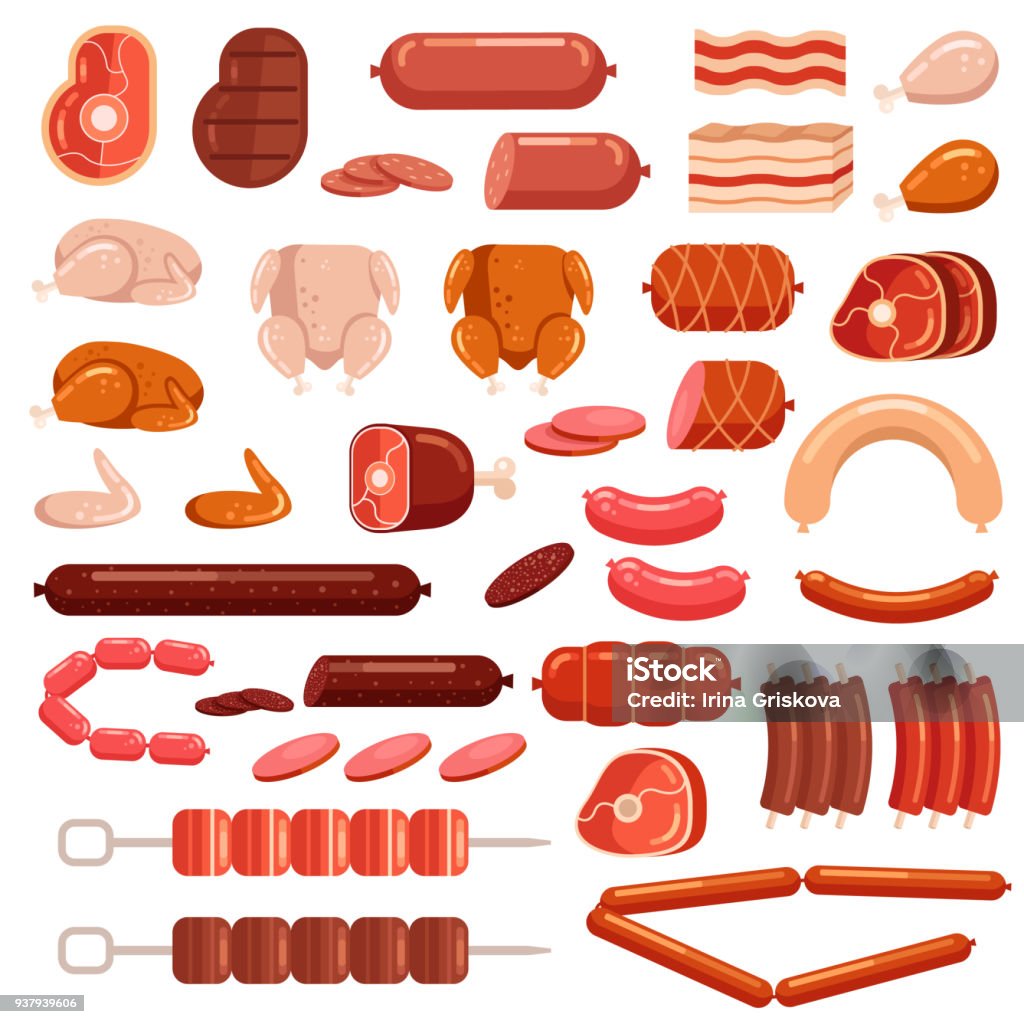 Fresh and cooked chicken pork and cow beef meat cut sliced sausage supermarket assortment product elements collection isolated icon. Gastronomy grocery bacon steak leg concept Fresh and cooked chicken pork and cow beef meat cut sliced sausage supermarket assortment product elements collection isolated icon. Gastronomy grocery bacon steak leg concept. Vector flat cartoon illustration Meat stock vector