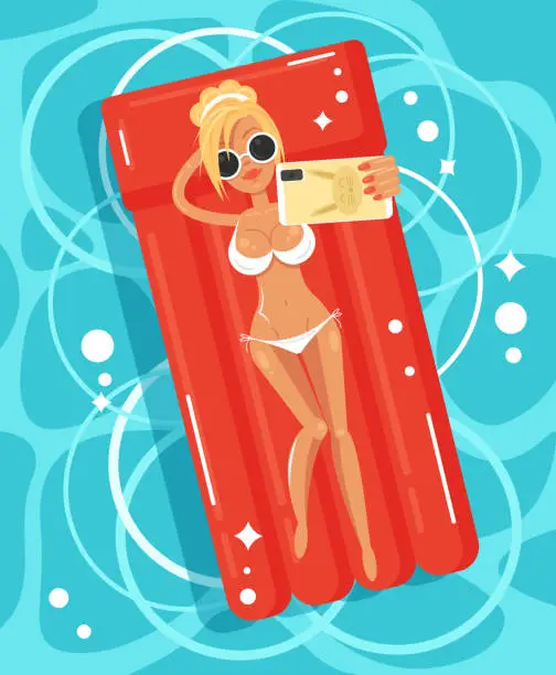 Vector illustration of Happy smiling young woman girl character relaxing lying and swimming on inflatable mattress in swimming pool sunbathing and taking photo selfie. Summer time season holiday vacation concept