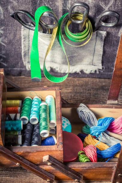 istock Tailor's wooden box with buttons, threads and needles 937949164