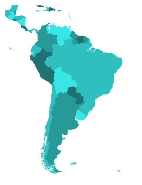 Political map of South America. Simple flat blank vector map in four shades of turquoise blue Political map of South America. Simple flat blank vector map in four shades of turquoise blue. central america stock illustrations