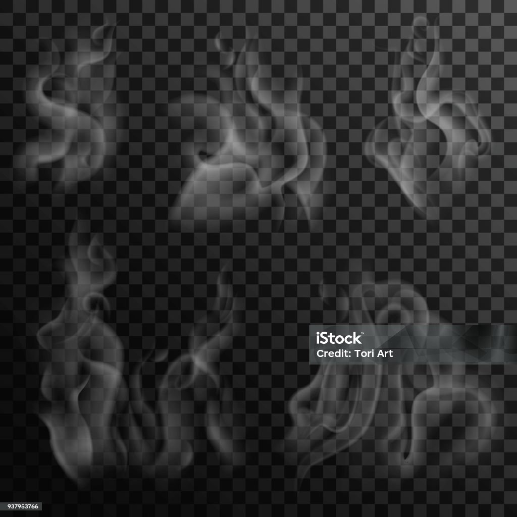 暗い背景にデジタルの現実的な煙のセットです。コーヒー、茶、熱い食べ物から白 Izolated スチーム。Web ページおよびメニューの透明な要素を設計します。 - 煙のロイヤリティフリーベクトルアート