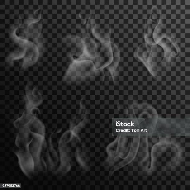 暗い背景にデジタルの現実的な煙のセットですコーヒー茶熱い食べ物から白 Izolated スチームweb ページおよびメニューの透明な要素を設計します - 煙のベクターアート素材や画像を多数ご用意
