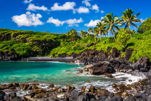 Waianapapa State Park, Maui Waianapanapa State Park, Maui black sand beach black sand stock pictures, royalty-free photos & images