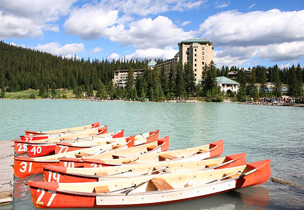 istock Colourful canoes bobbing on Lake Louise, Canada 93796148
