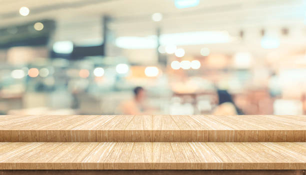 istock Empty step plank wood table top food stand with blur cafe restaurant background bokeh light,Mock up for product display or montage of design,Banner for advertise on online media,business presentation. 937966448